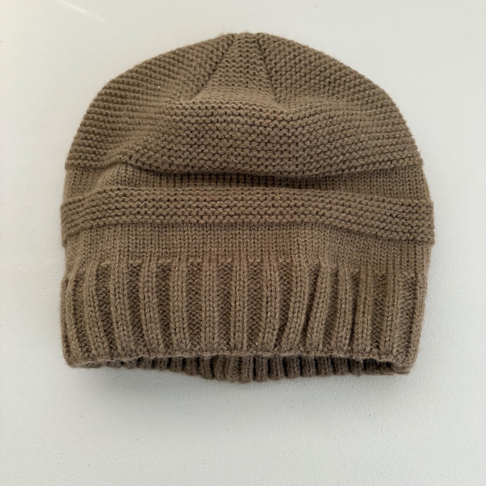 Cozy Knit Beanie Hat Brown Fleece Lined Winter Warm Slouchy